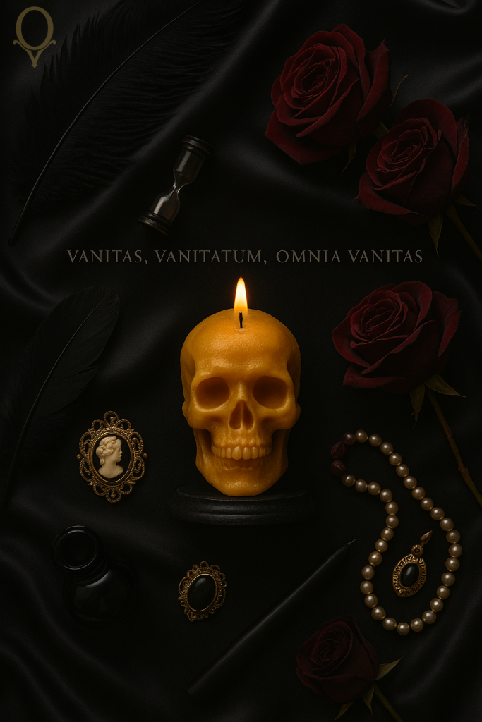 affiche d'identité visuelle flatlay omnia vanitas, vanité crâne bougies skulls